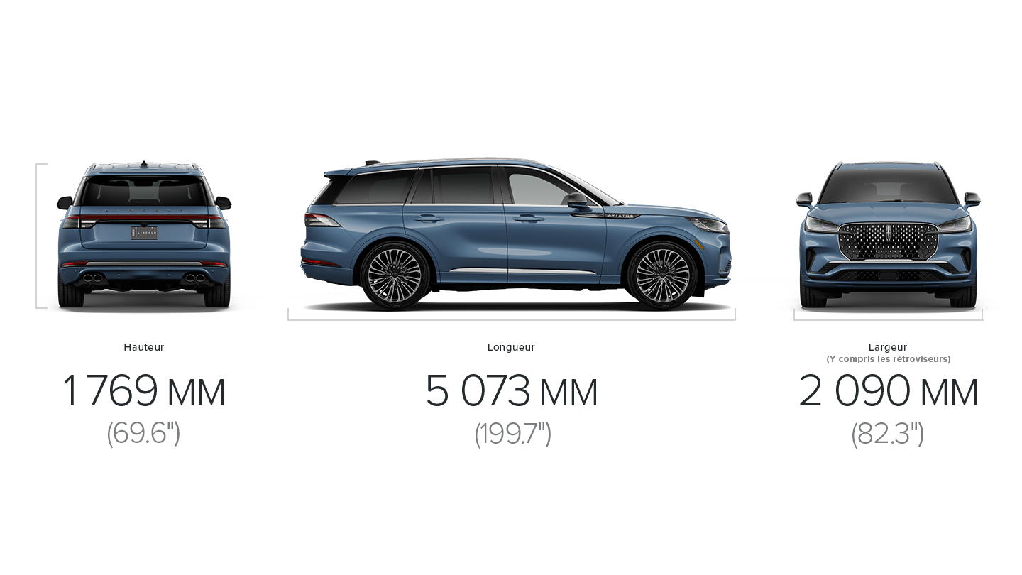 Les dimensions d’un Lincoln Aviator® 2027 sont de 69,6 pouces de hauteur, 199,7 pouces de longueur et 82,3 pouces de largeur