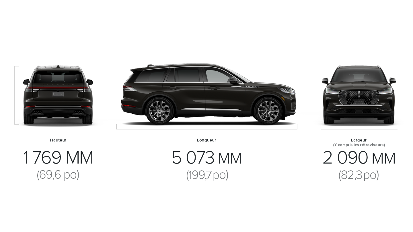 Les dimensions d’un Lincoln Aviator® 2027 sont de 1 769 mm (69,6 po) de hauteur, 5 073 mm (199,7 po) de longueur et 2 090 mm (82,3 po) de largeur (rétroviseurs compris)