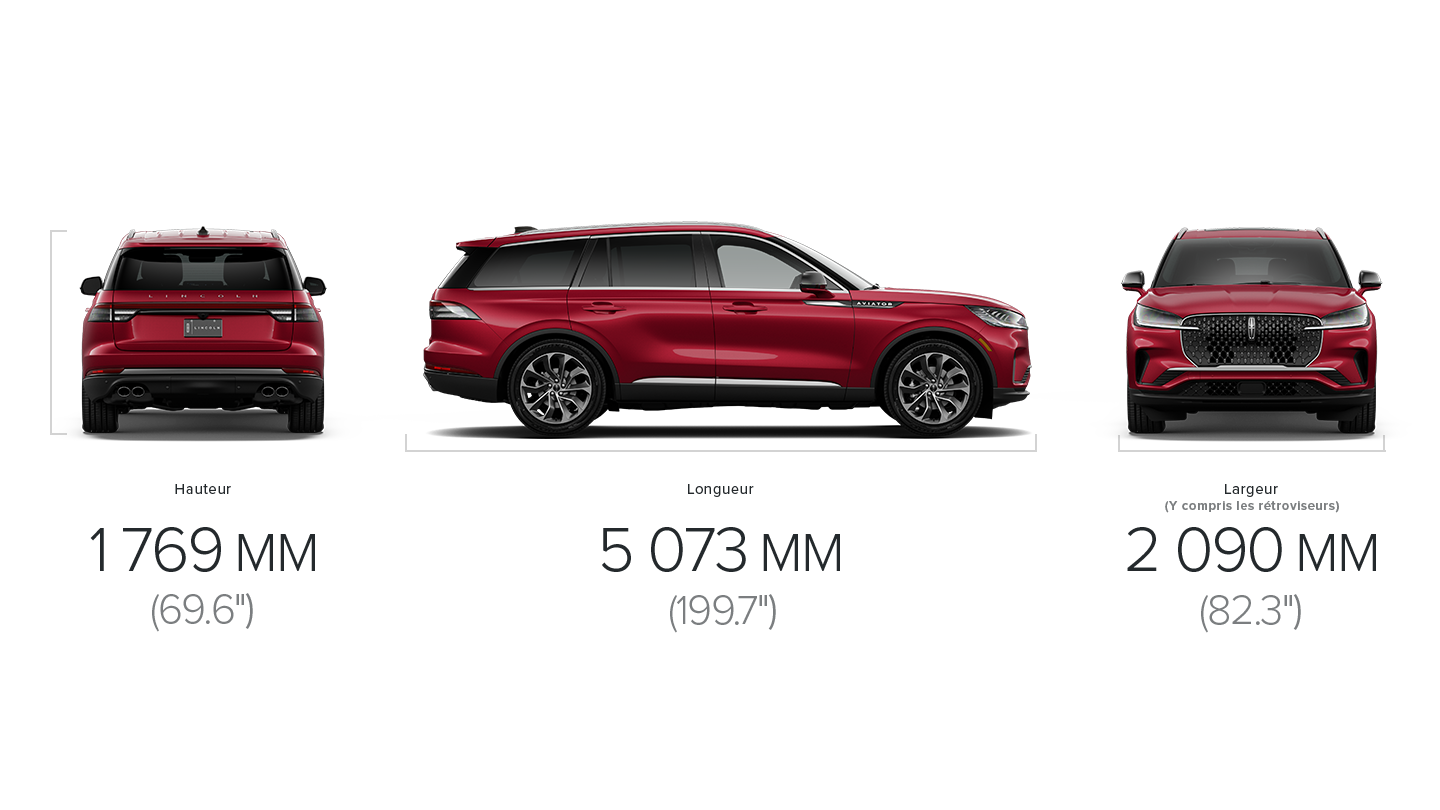 Les dimensions d’un Lincoln Aviator® 2027 sont de 1 769 mm (69,6 po) de hauteur, 5 073 mm (199,7 po) de longueur et 2 090 mm (82,3 po) de largeur (rétroviseurs compris)