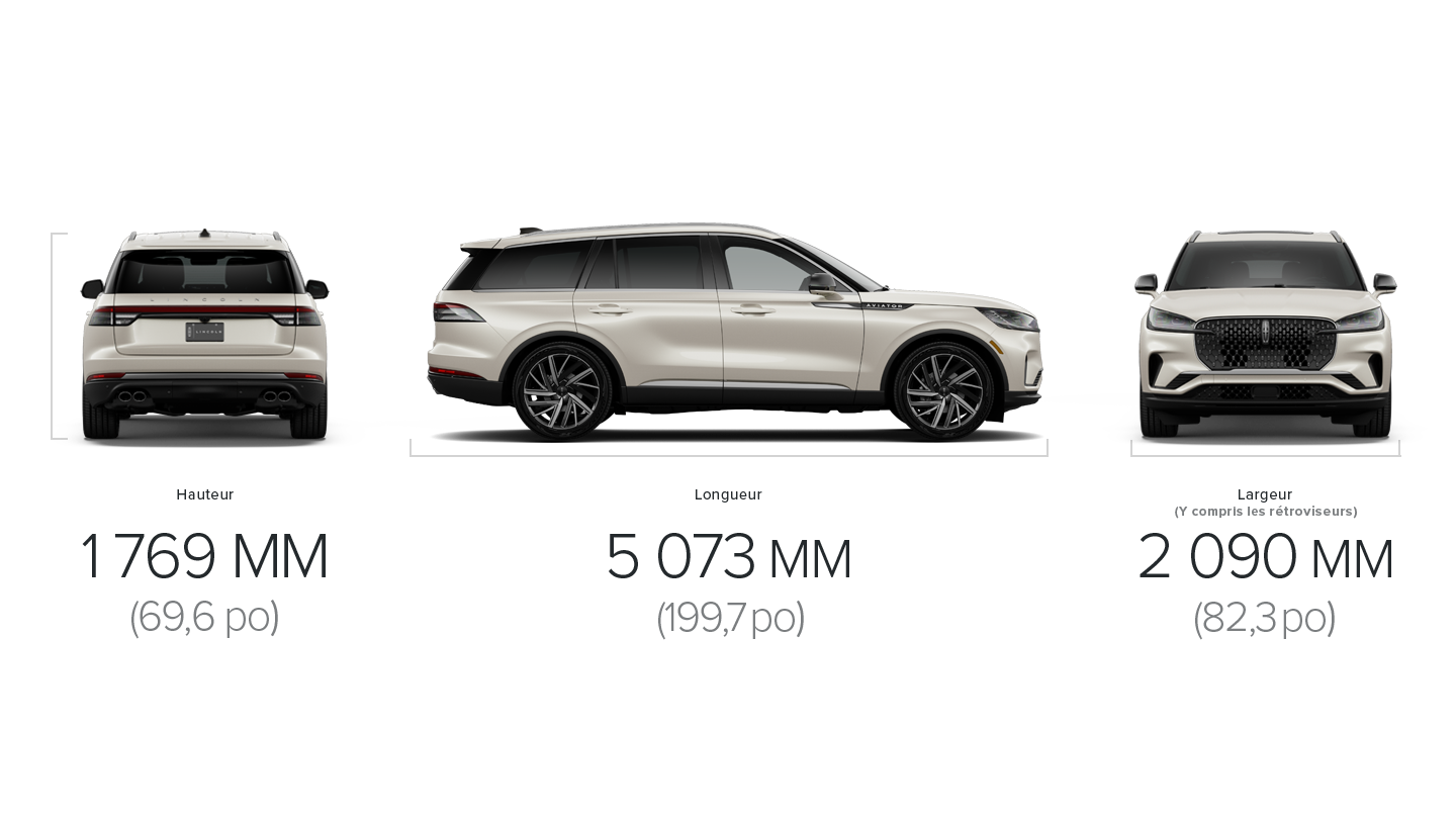 Les dimensions d’un Lincoln Aviator® 2027 sont de 69,6 pouces de hauteur, 199,7 pouces de longueur et 82,3 pouces de largeur