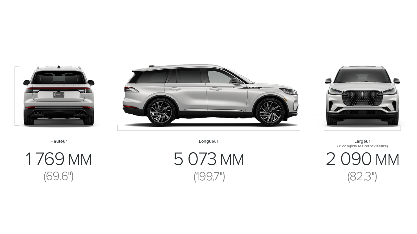 Les dimensions d’un Lincoln Aviator® 2027 sont de 69,6 pouces de hauteur, 199,7 pouces de longueur et 82,3 pouces de largeur