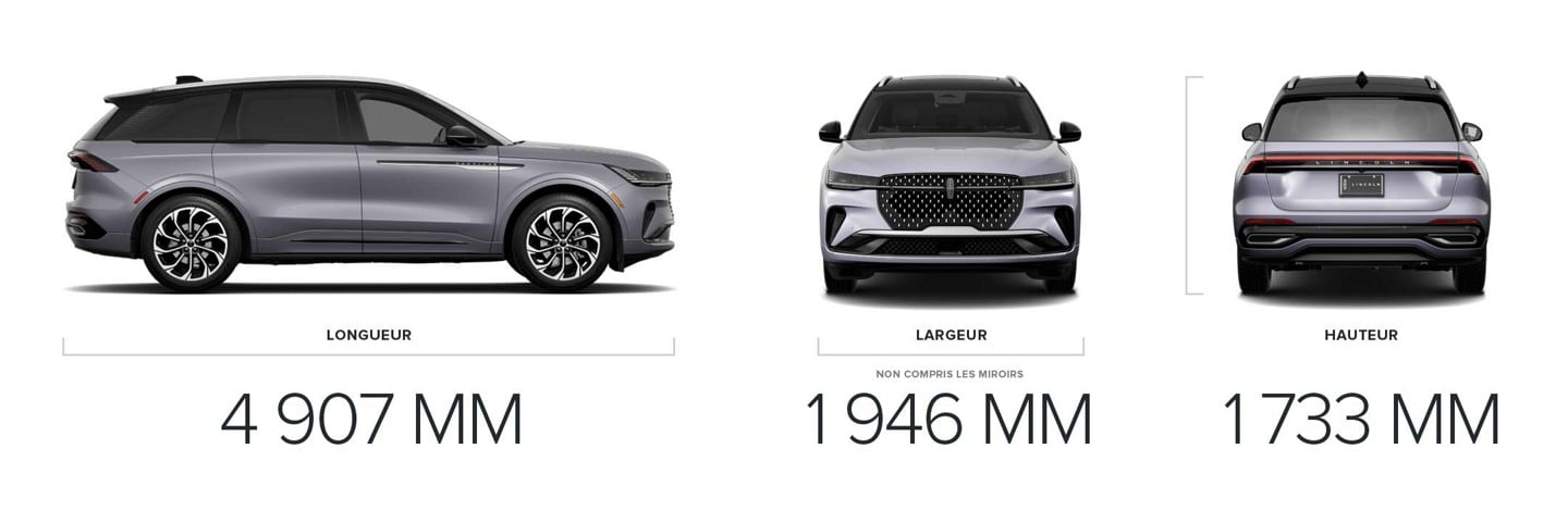 La vue latérale avant et la vue arrière d’un VUS Lincoln Nautilus 2025 sont jumelées à des mesures dimensionnelles
