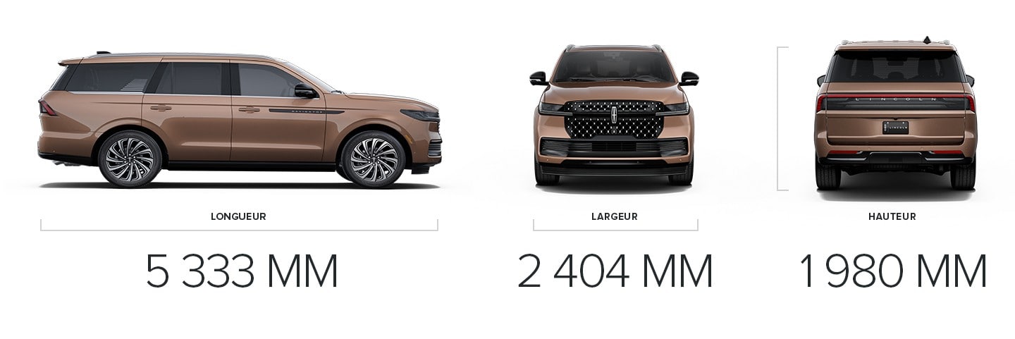 Un VUS Lincoln Black Label Navigator® 2025 est illustré avec des dimensions de 5 333 mm de longueur, de 2 404 mm de largeur et de 1 980 mm de hauteur