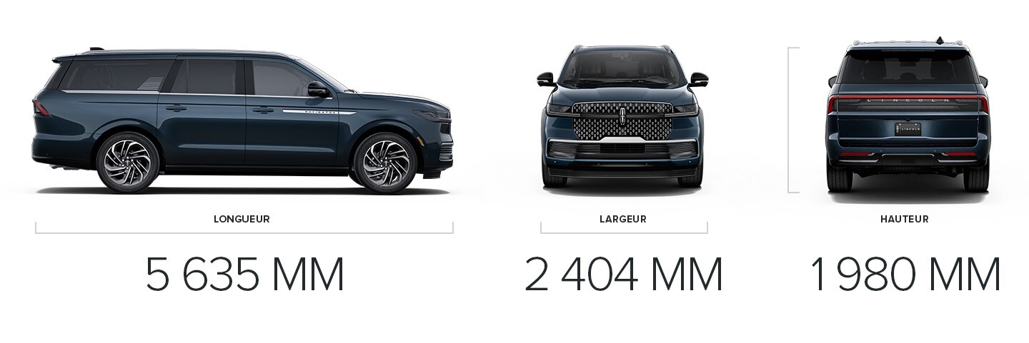 Un Lincoln Navigator Ultra 2025 est présenté avec des dimensions de 5 635 mm de longueur, de 2 404 mm de largeur et de 1 980 mm de hauteur