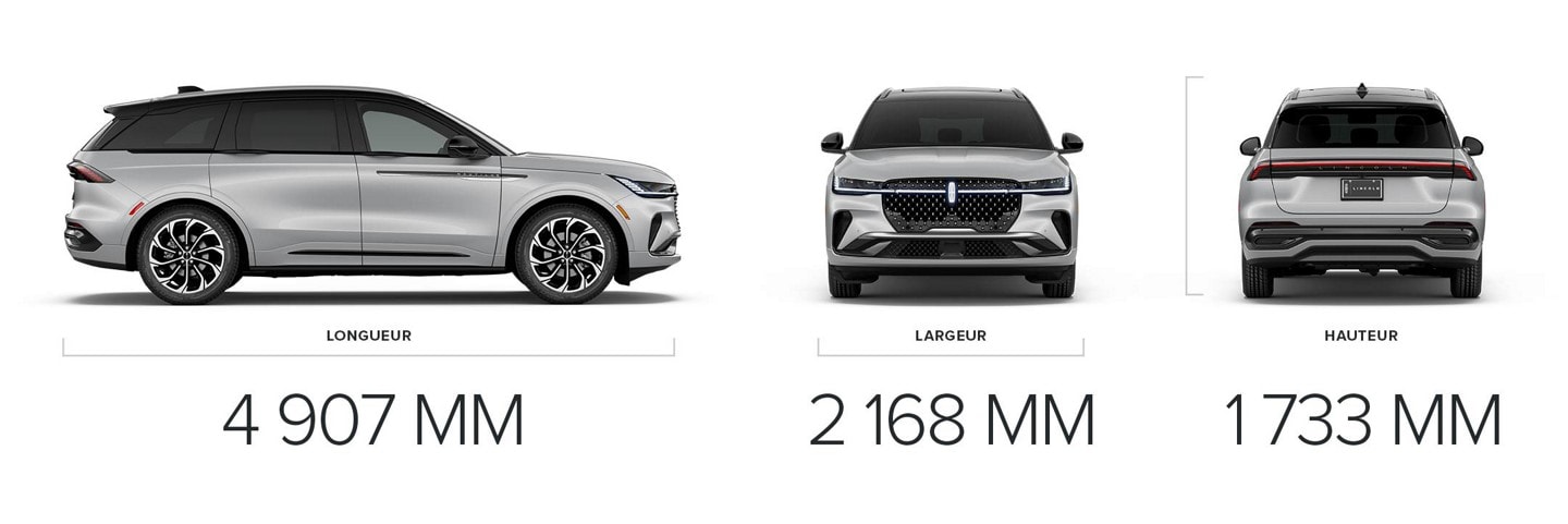 La vue latérale avant et la vue arrière d’un Lincoln Nautilus 2026 sont jumelées à des mesures dimensionnelles