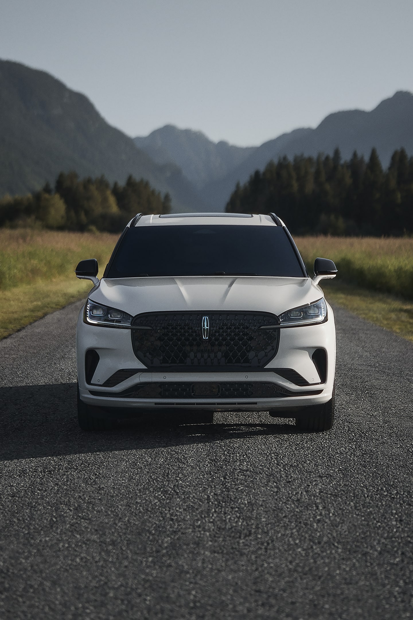 Un VUS Lincoln Aviator® 2025 est conduit sur une route rurale bordée d'arbres