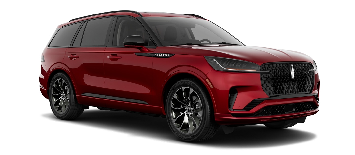 Un modèle Lincoln Aviator® Premiere 2025 avec l'ensemble décor Jet en option en couleur tapis rouge.