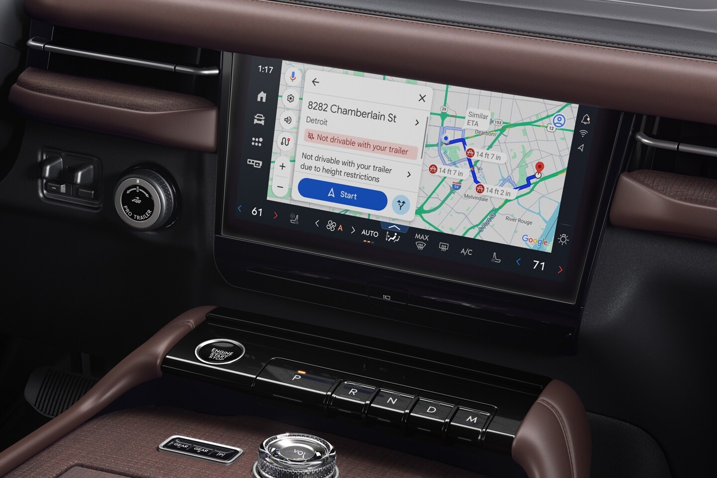 Un écran de la console centrale du VUS Lincoln Navigator 2025 affichant les directions Google Maps pour le remorquage